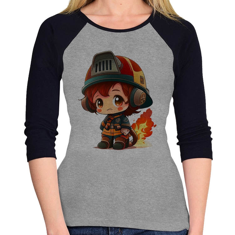 Baby Look Raglan Bombeiro Mirim Manga 3/4 - Cinza/Preto