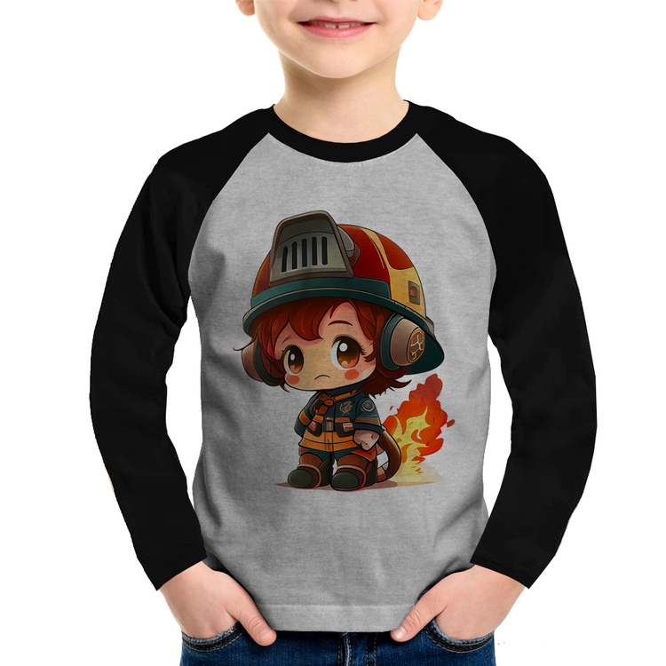 Camiseta Raglan Infantil Bombeiro Mirim Manga Longa - Cinza/Preto