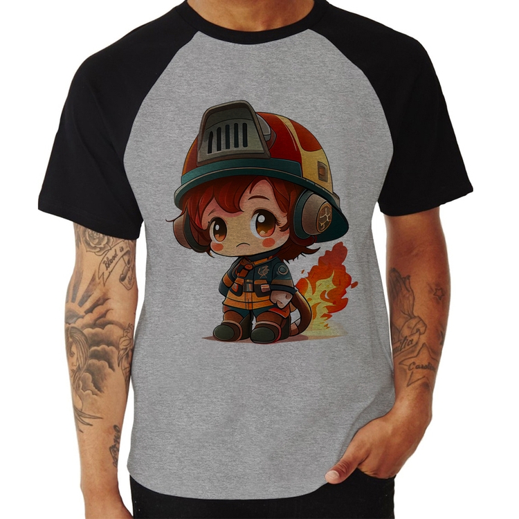 Camiseta Raglan Bombeiro Mirim - Cinza/Preto