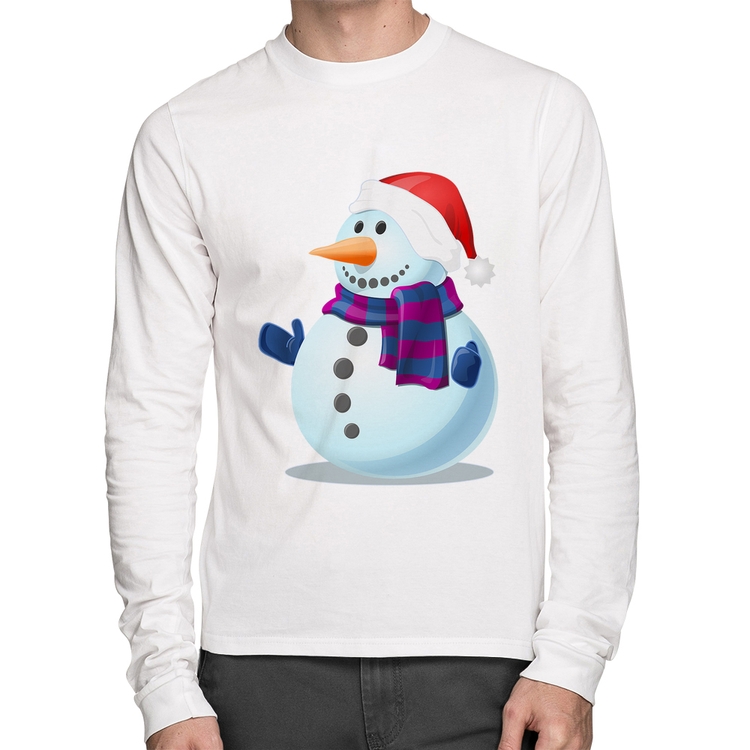 Camiseta Algodão Boneco de neve Manga Longa - Branca