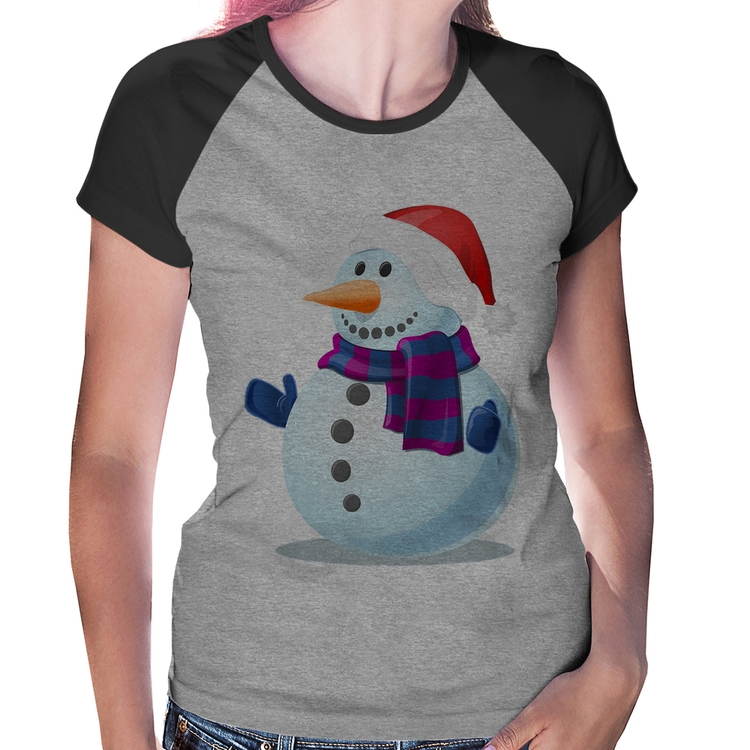 Baby Look Raglan Boneco de neve - Cinza/Preto