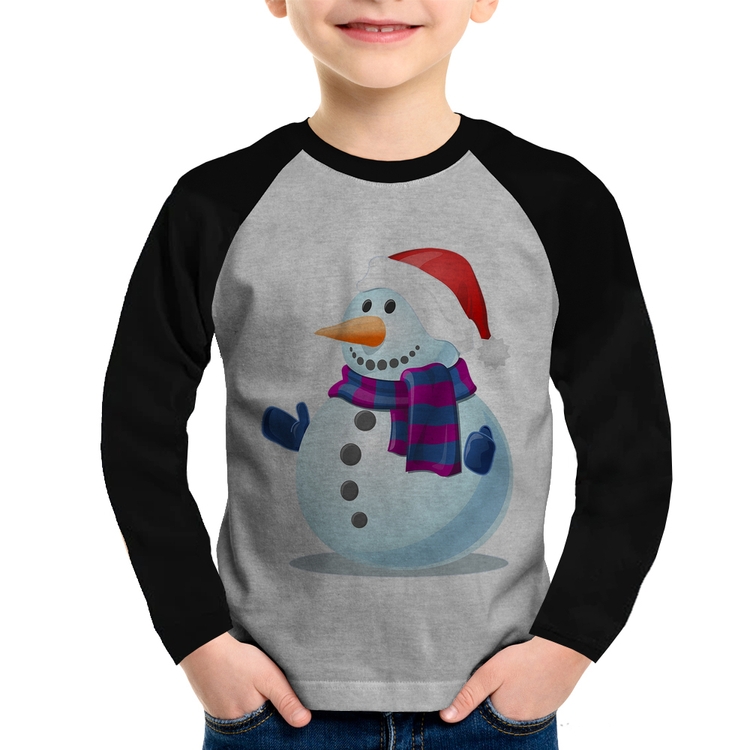Camiseta Raglan Infantil Boneco de neve Manga Longa - Cinza/Preto