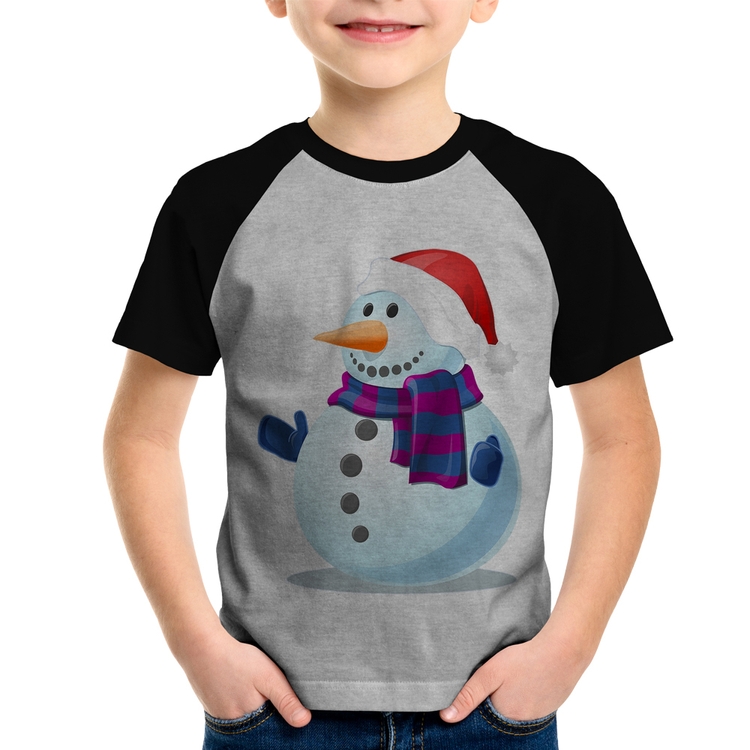 Camiseta Raglan Infantil Boneco de neve - Cinza/Preto