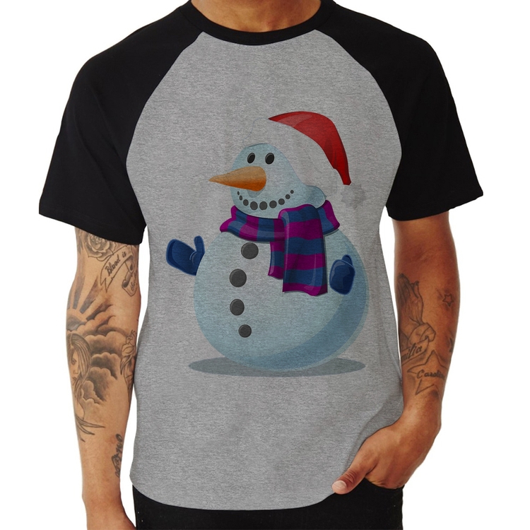 Camiseta Raglan Boneco de neve - Cinza/Preto