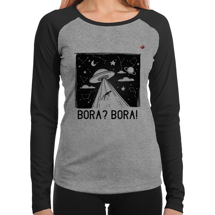 Baby Look Raglan Bora? Bora! Manga Longa - Cinza/Preto