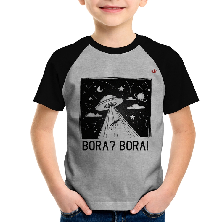 Camiseta Raglan Infantil Bora? Bora! - Cinza/Preto