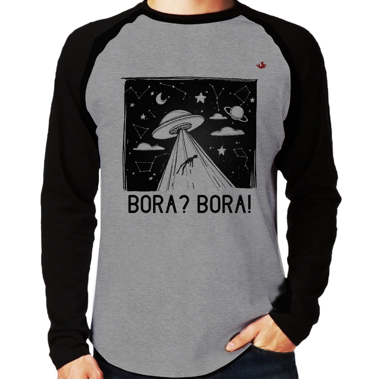 Camiseta Raglan Bora? Bora! Manga Longa - Cinza/Preto