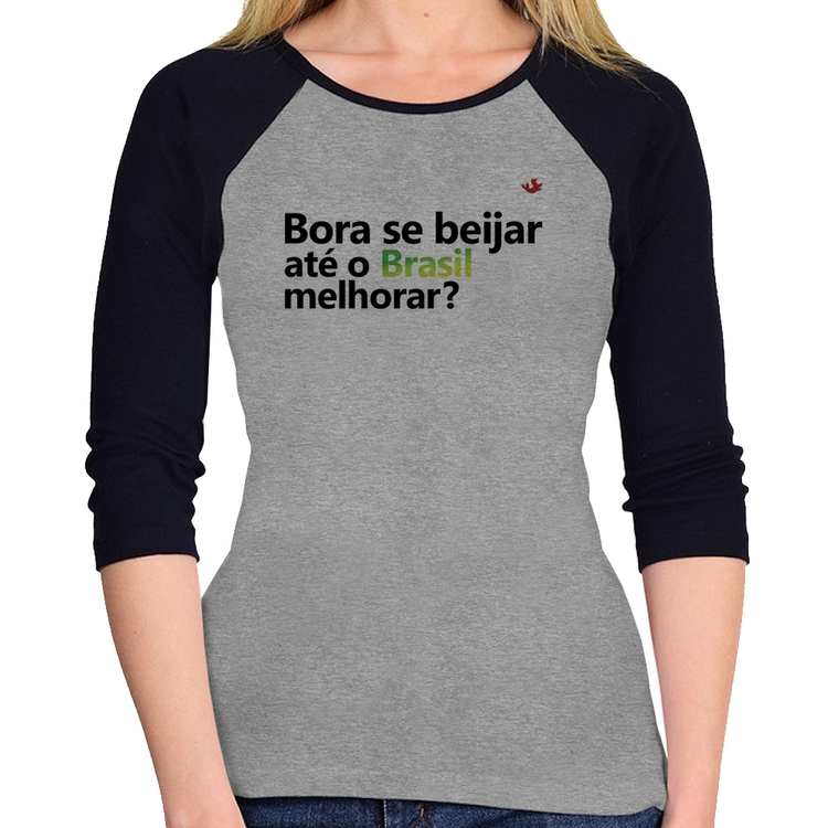 Baby Look Raglan Bora se beijar até o Brasil melhorar? Manga 3/4 - Cinza/Preto