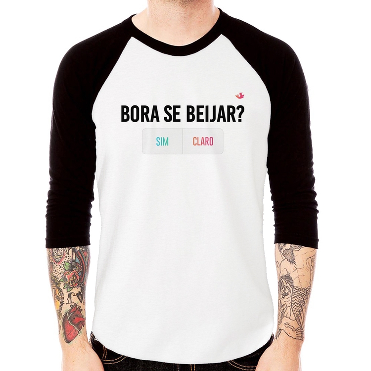 Camiseta Raglan Bora se beijar? Sim ou Claro Manga 3/4