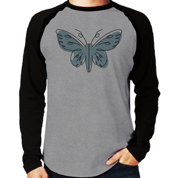 Camiseta Raglan Borboleta Abstrata Manga Longa - Cinza/Preto
