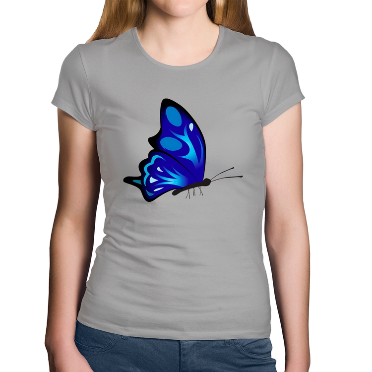 Baby Look Algodão Borboleta Azul - Cinza