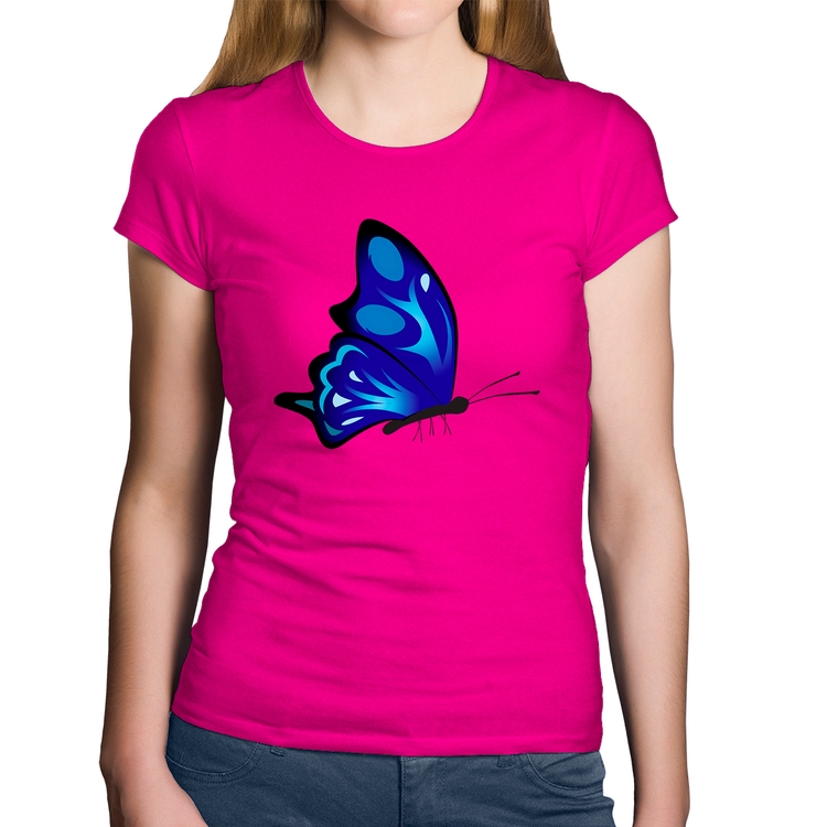 Baby Look Algodão Borboleta Azul - Rosa