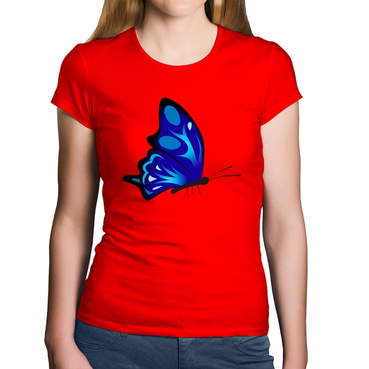 Baby Look Algodão Borboleta Azul - Vermelha