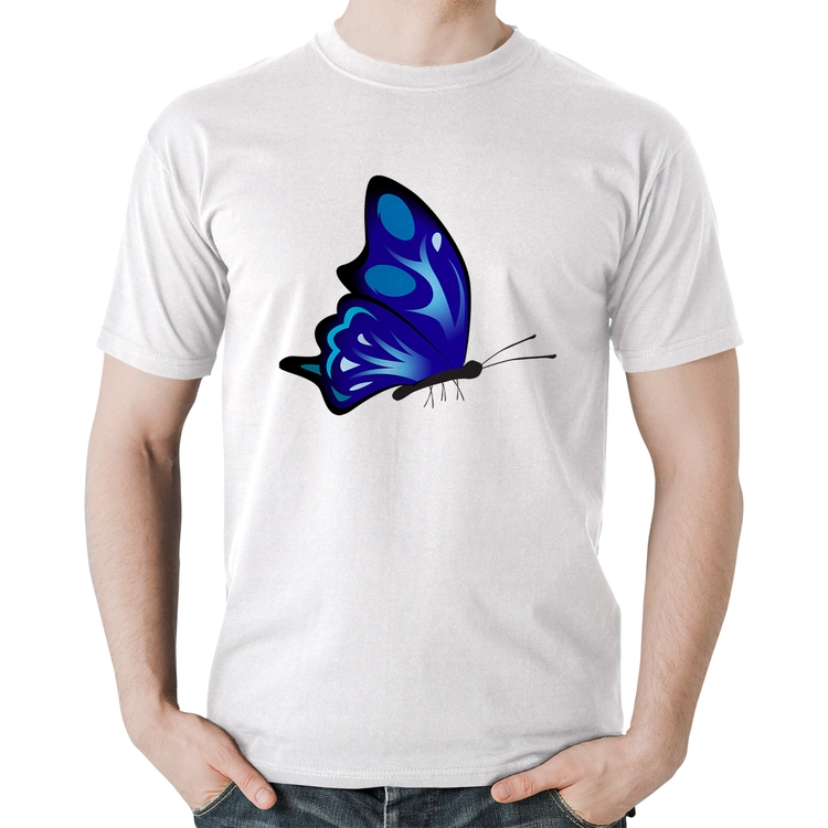 Camiseta Algodão Borboleta Azul - Branca
