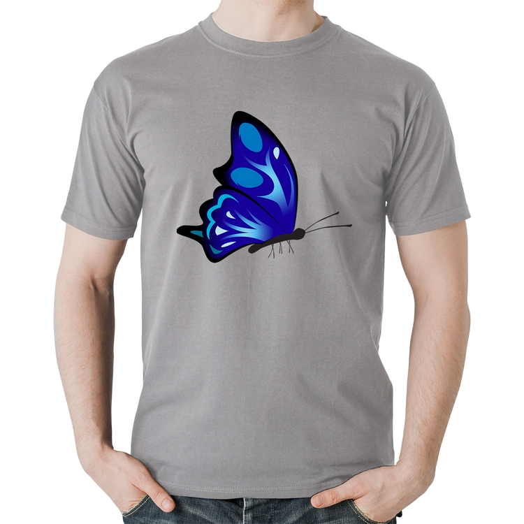 Camiseta Algodão Borboleta Azul - Cinza