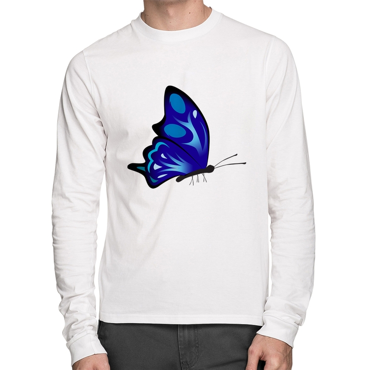 Camiseta Algodão Borboleta Azul Manga Longa - Branca