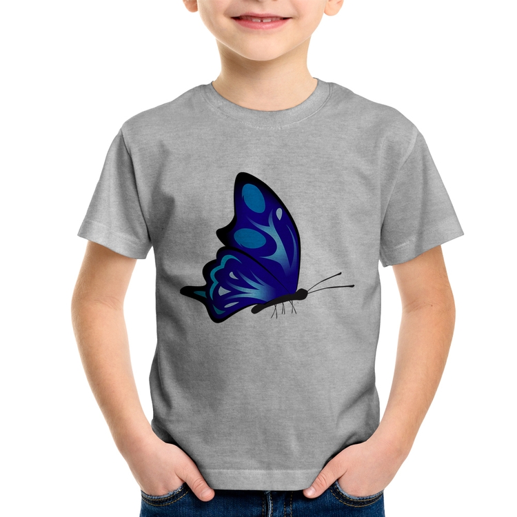 Camiseta Infantil Borboleta Azul - Cinza