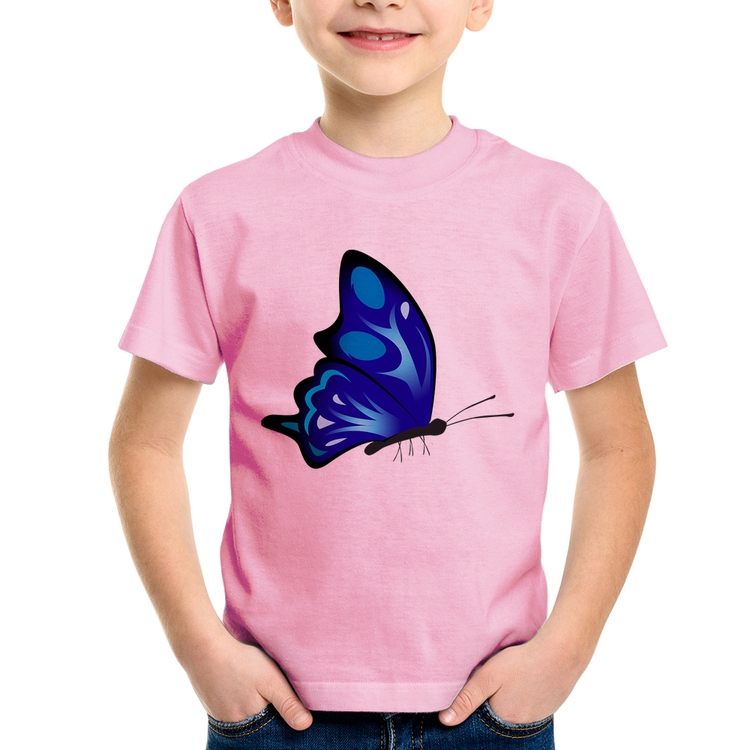 Camiseta Infantil Borboleta Azul - Rosa Bebê