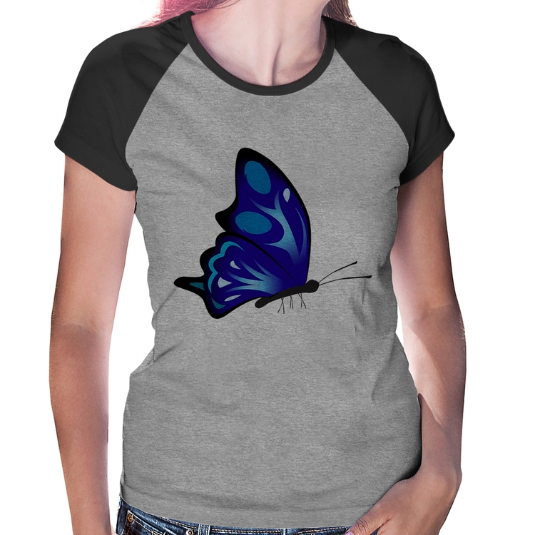 Baby Look Raglan Borboleta Azul - Cinza/Preto