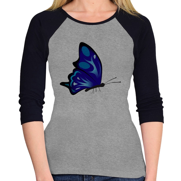 Baby Look Raglan Borboleta Azul Manga 3/4 - Cinza/Preto