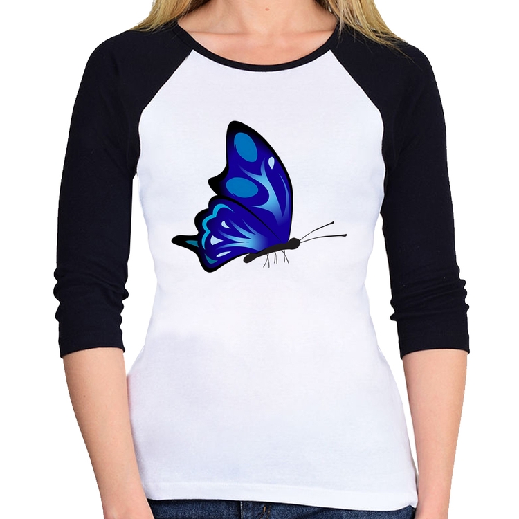 Baby Look Raglan Borboleta Azul Manga 3/4