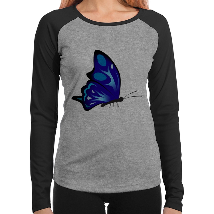 Baby Look Raglan Borboleta Azul Manga Longa - Cinza/Preto