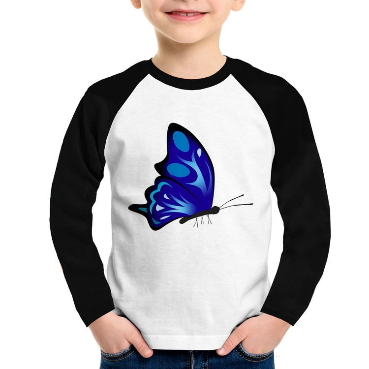 Camiseta Raglan Infantil Borboleta Azul Manga Longa