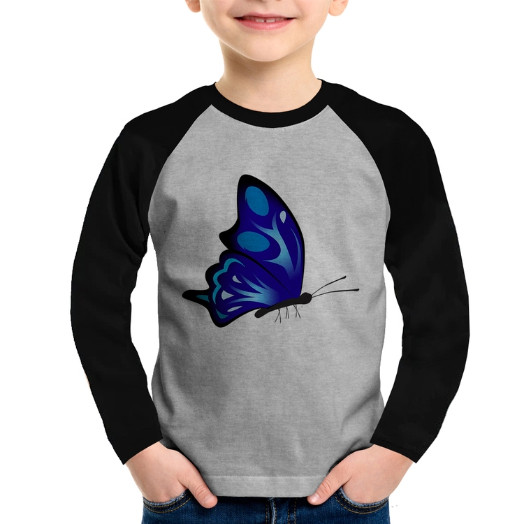 Camiseta Raglan Infantil Borboleta Azul Manga Longa - Cinza/Preto
