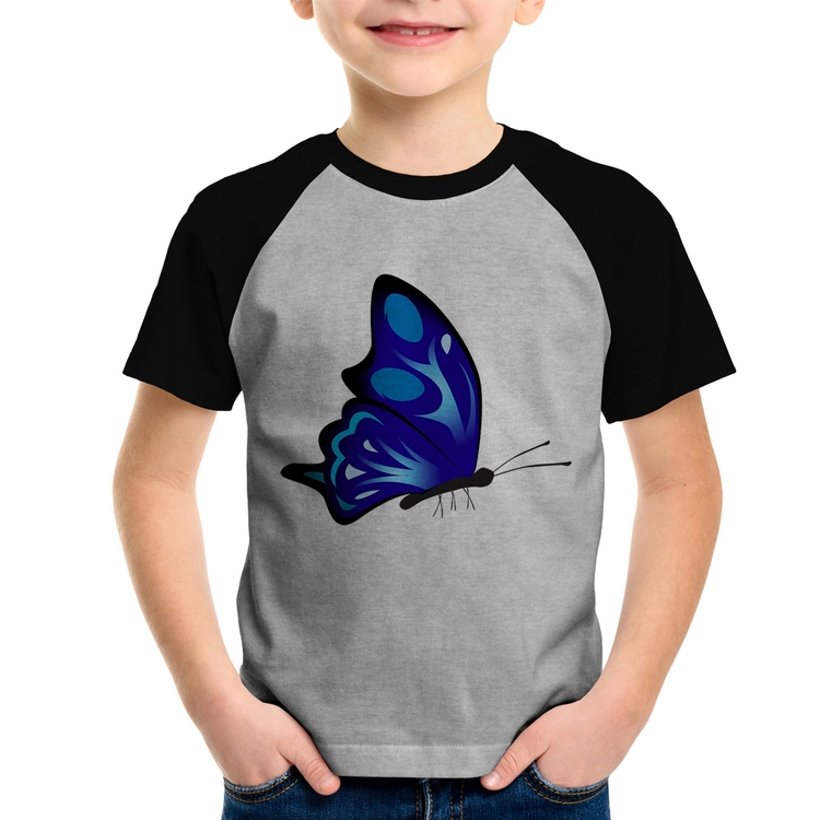 Camiseta Raglan Infantil Borboleta Azul - Cinza/Preto