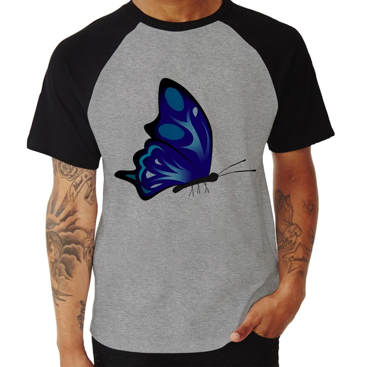 Camiseta Raglan Borboleta Azul - Cinza/Preto