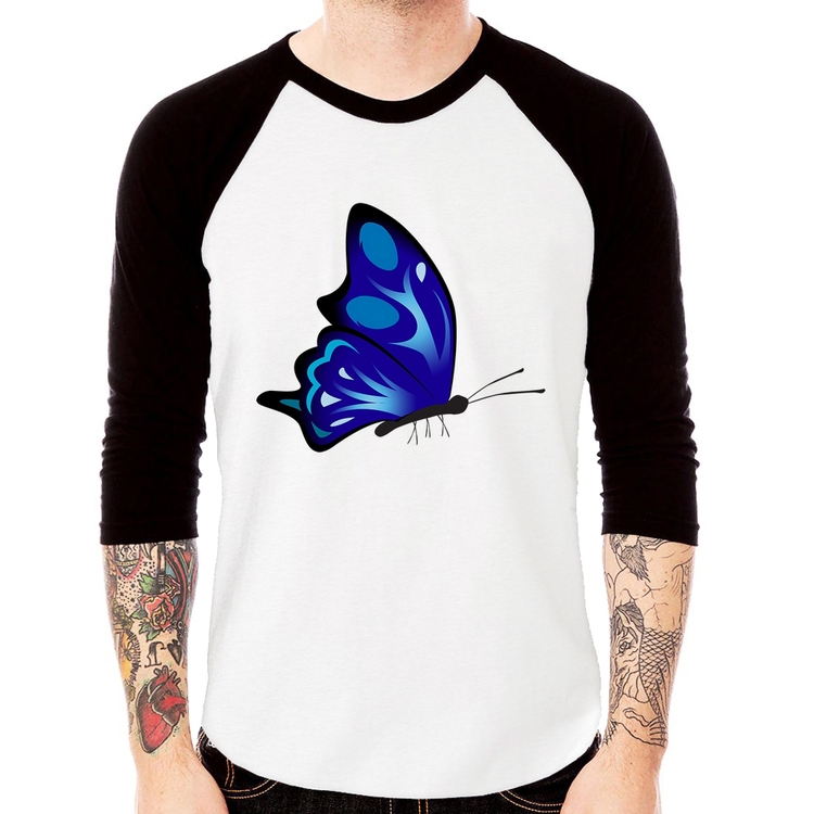 Camiseta Raglan Borboleta Azul Manga 3/4