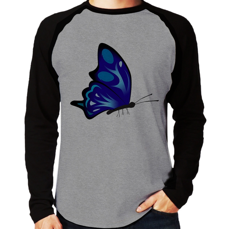 Camiseta Raglan Borboleta Azul Manga Longa - Cinza/Preto