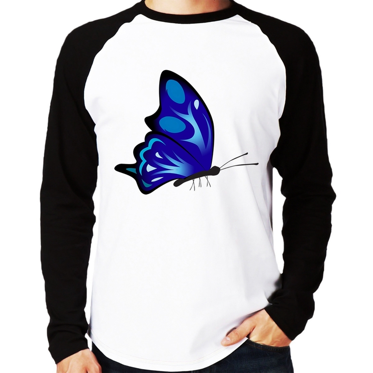Camiseta Raglan Borboleta Azul Manga Longa