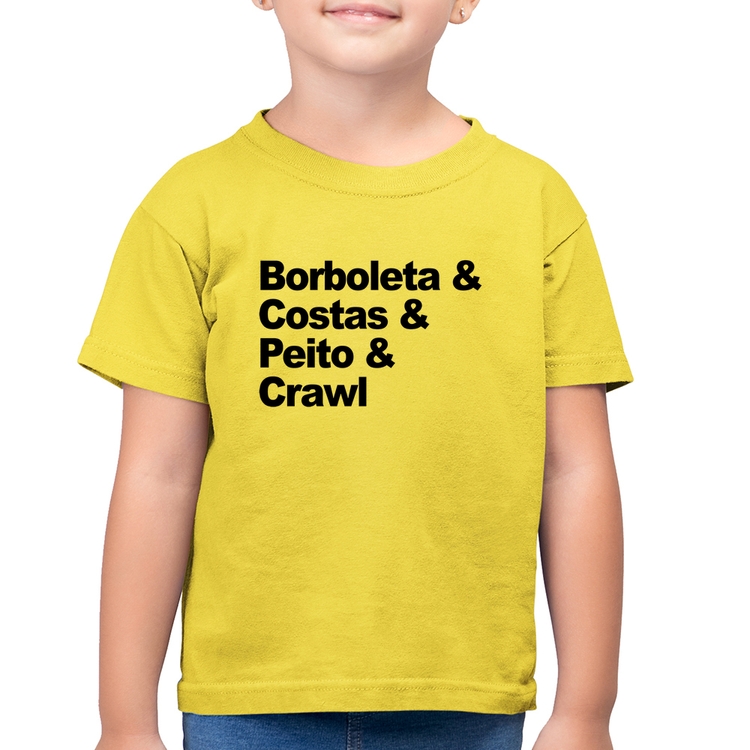 Camiseta Algodão Infantil Borboleta & Costas & Peito & Crawl - Amarelo Canário