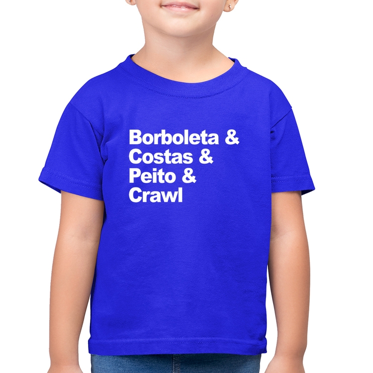 Camiseta Algodão Infantil Borboleta & Costas & Peito & Crawl - Azul Royal