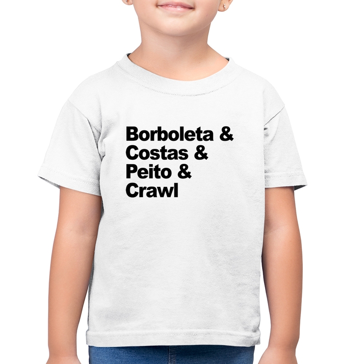 Camiseta Algodão Infantil Borboleta & Costas & Peito & Crawl - Branca