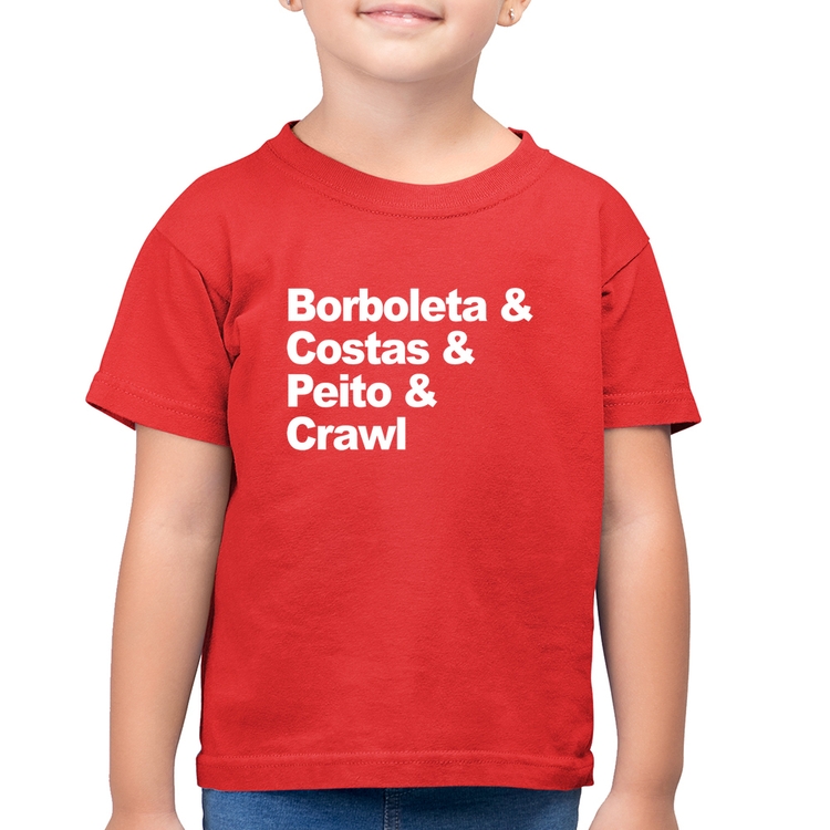 Camiseta Algodão Infantil Borboleta & Costas & Peito & Crawl - Vermelha
