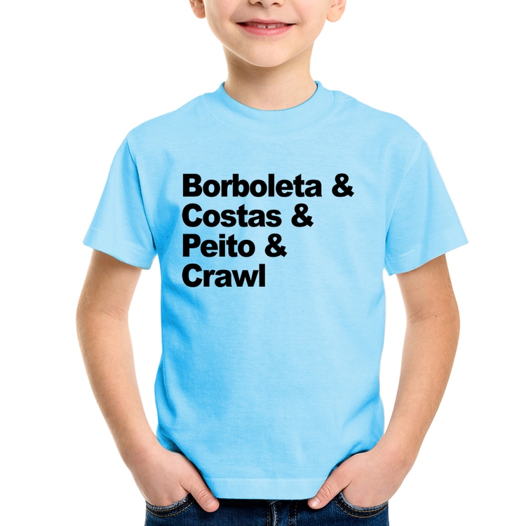 Camiseta Infantil Borboleta & Costas & Peito & Crawl - Azul Bebê
