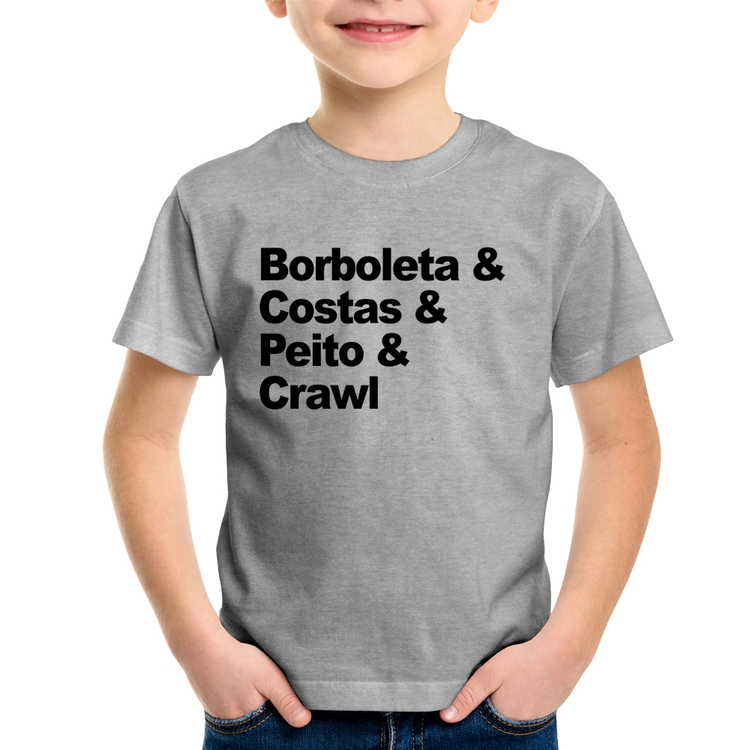 Camiseta Infantil Borboleta & Costas & Peito & Crawl - Cinza