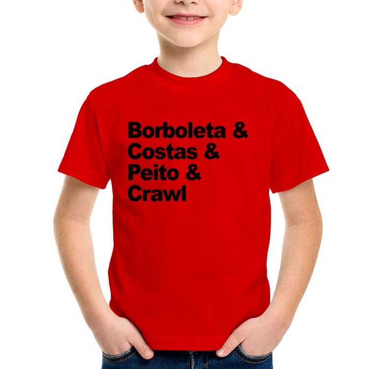 Camiseta Infantil Borboleta & Costas & Peito & Crawl - Vermelha