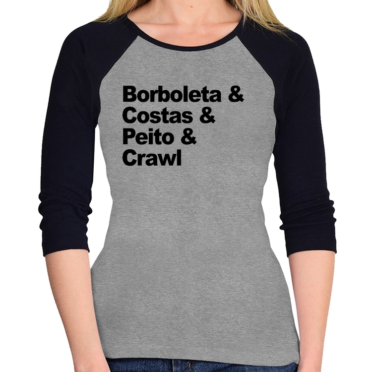 Baby Look Raglan Borboleta & Costas & Peito & Crawl Manga 3/4 - Cinza/Preto