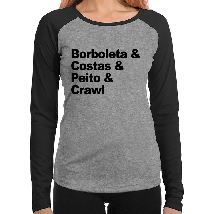 Baby Look Raglan Borboleta & Costas & Peito & Crawl Manga Longa - Cinza/Preto