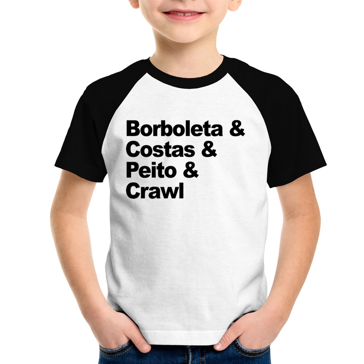 Camiseta Raglan Infantil Borboleta & Costas & Peito & Crawl