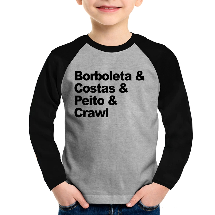 Camiseta Raglan Infantil Borboleta & Costas & Peito & Crawl Manga Longa - Cinza/Preto