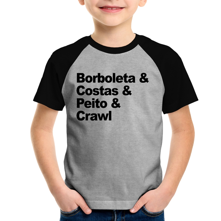 Camiseta Raglan Infantil Borboleta & Costas & Peito & Crawl - Cinza/Preto