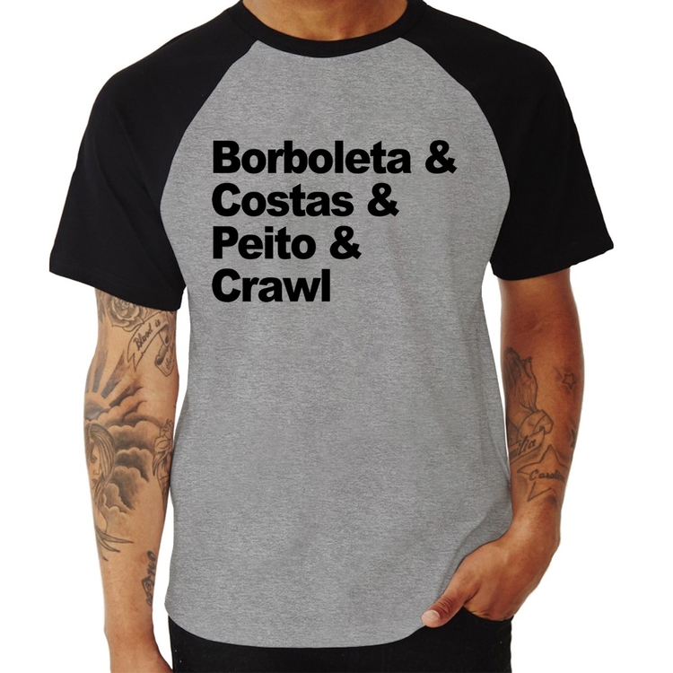 Camiseta Raglan Borboleta & Costas & Peito & Crawl - Cinza/Preto