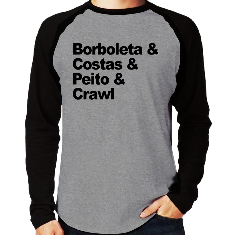 Camiseta Raglan Borboleta & Costas & Peito & Crawl Manga Longa - Cinza/Preto