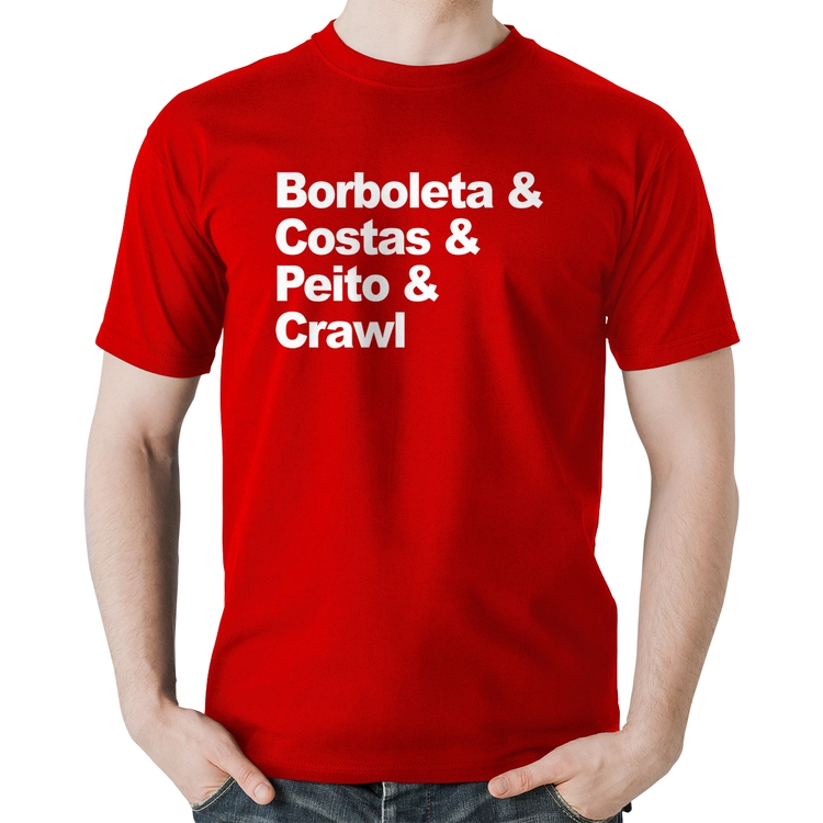 Camiseta Algodão Borboleta & Costas & Peito & Crawl - Vermelha