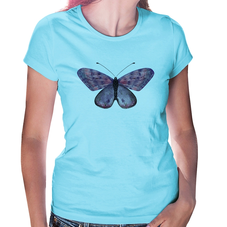 Baby Look Borboleta Lilás - Azul Bebê