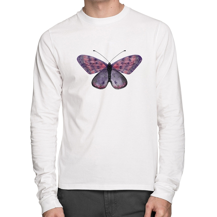 Camiseta Algodão Borboleta Lilás Manga Longa - Branca
